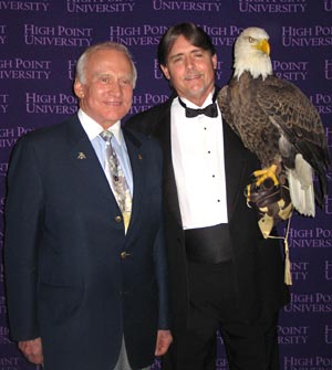 Astronaut Buzz Aldrin, AEF president / founder Al Cecere, & Bald Eagle Challenger at High Point University graduation, 2009.