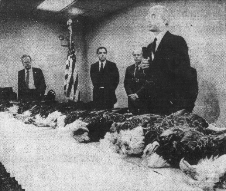 SIOUX FALLS, S.D. — Surrounded by 23 frozen eagle carcasses, Secretary of Interior James Watt used the display to denounce the destruction of the nation's wildlife and to show, he said, and to show the disregards some have for game laws. AP Laserphoto. 